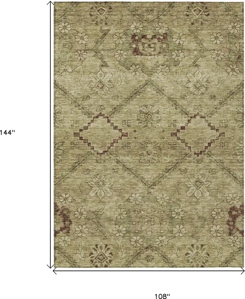 Brown Beige And Artichoke Green Floral Washable Indoor Outdoor Area Rug Photo 3