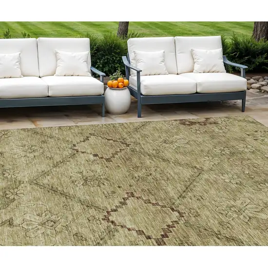Brown Beige And Artichoke Green Floral Washable Indoor Outdoor Area Rug Photo 1