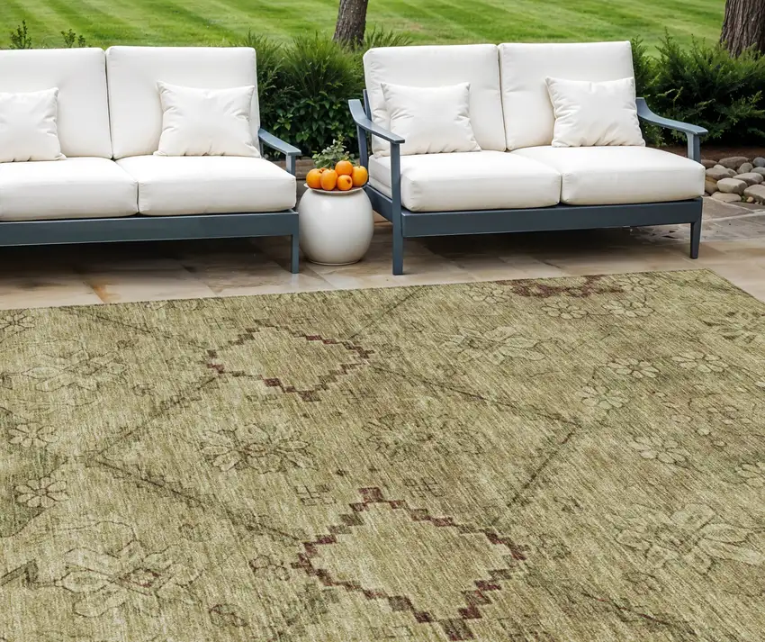 Brown Beige And Artichoke Green Floral Washable Indoor Outdoor Area Rug Photo 1