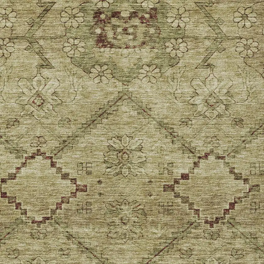 Brown Beige And Artichoke Green Floral Washable Indoor Outdoor Area Rug Photo 6