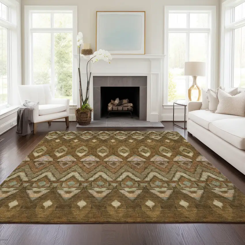 Brown Beige And Artichoke Green Southwestern Washable Indoor Outdoor Area Rug Photo 8