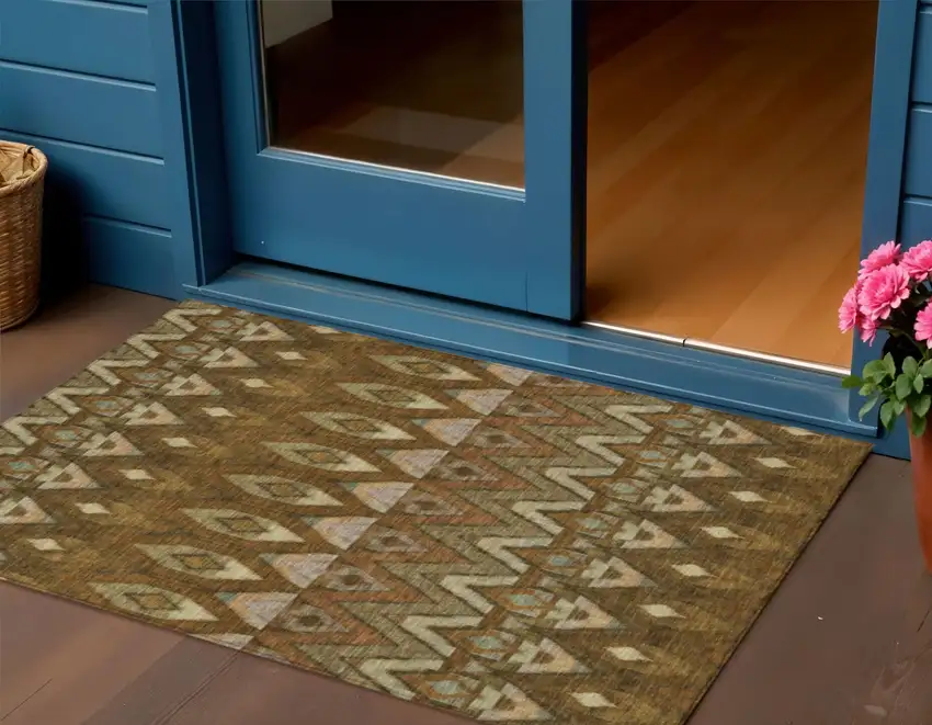 Brown Beige And Artichoke Green Southwestern Washable Indoor Outdoor Area Rug Photo 1
