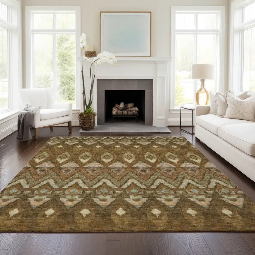 Brown Beige And Artichoke Green Southwestern Washable Indoor Outdoor Area Rug Photo 8