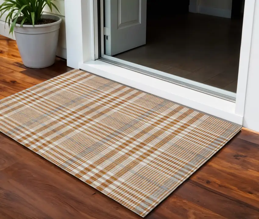 Brown Beige And Beige Plaid Washable Indoor Outdoor Area Rug Photo 1