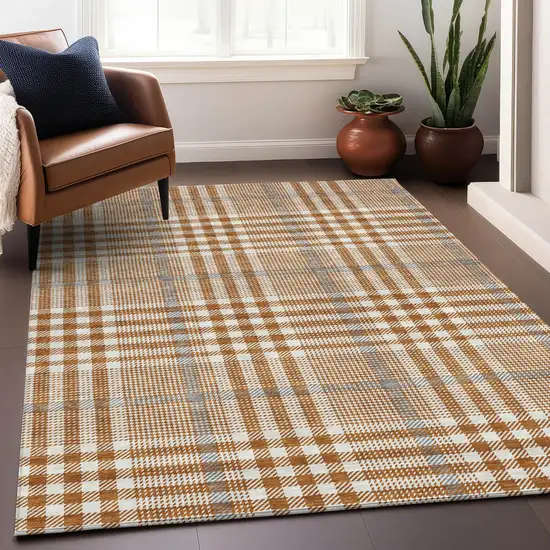 Brown Beige And Beige Plaid Washable Indoor Outdoor Area Rug Photo 8
