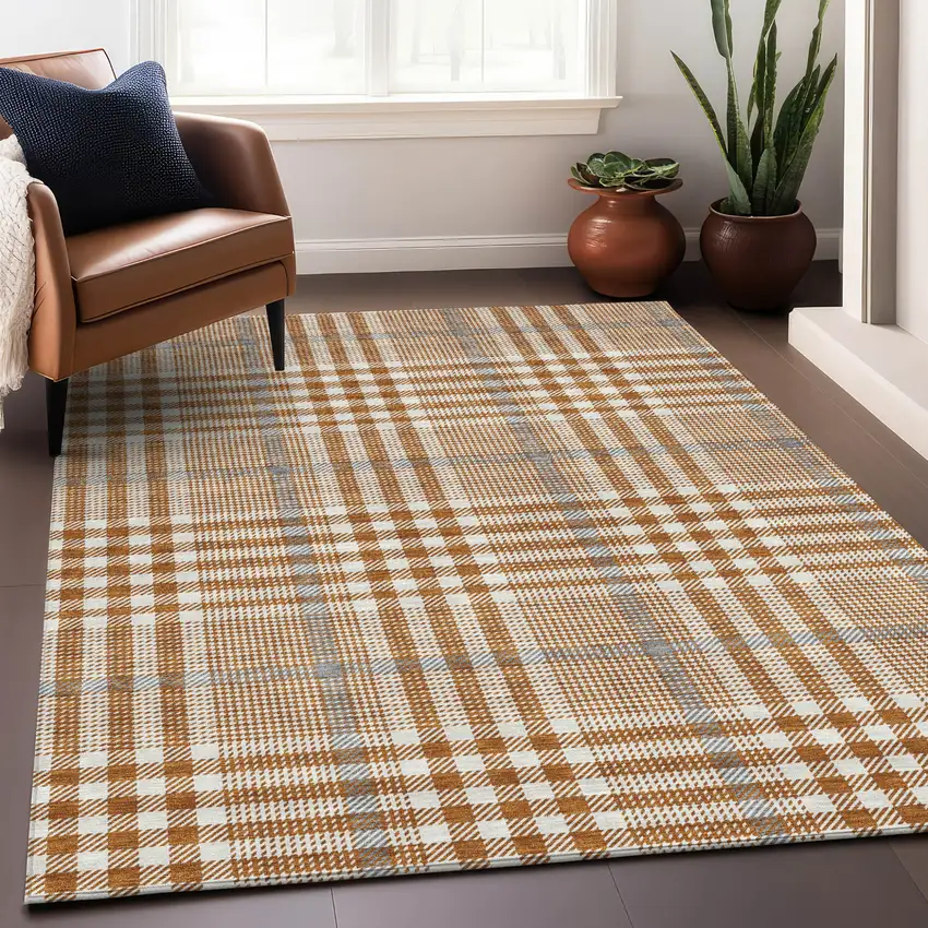 Brown Beige And Beige Plaid Washable Indoor Outdoor Area Rug Photo 8