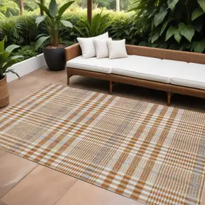 Photo of Brown Beige And Beige Plaid Washable Indoor Outdoor Area Rug