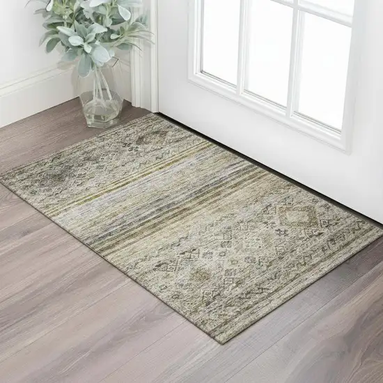 Brown Beige And Blue Abstract Geometric Washable Area Rug With UV Protection Photo 2