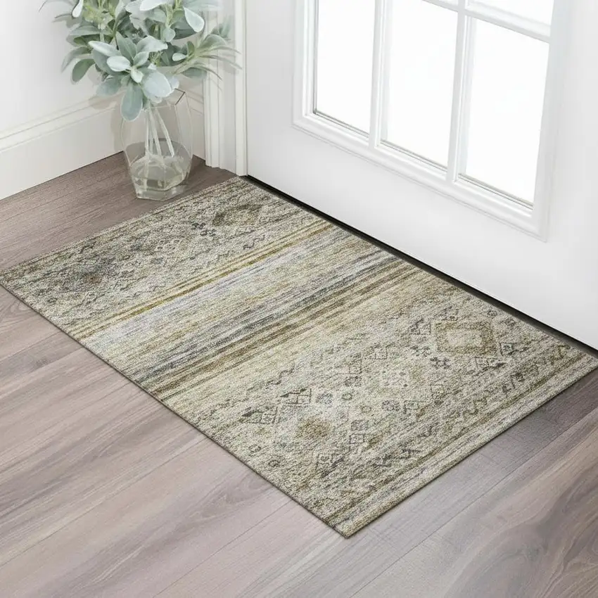 Brown Beige And Blue Abstract Geometric Washable Area Rug With UV Protection Photo 2