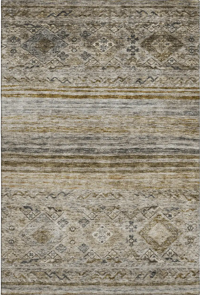 Brown Beige And Blue Abstract Geometric Washable Area Rug With UV Protection Photo 1