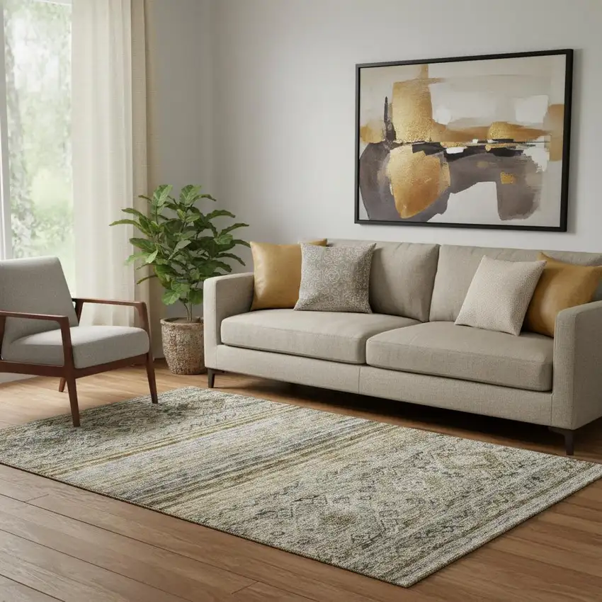 Brown Beige And Blue Abstract Geometric Washable Area Rug With UV Protection Photo 2