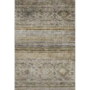 Photo of Brown Beige And Blue Abstract Geometric Washable Area Rug With UV Protection