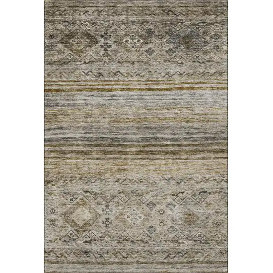 Brown Beige And Blue Abstract Geometric Washable Area Rug With UV Protection Photo 3