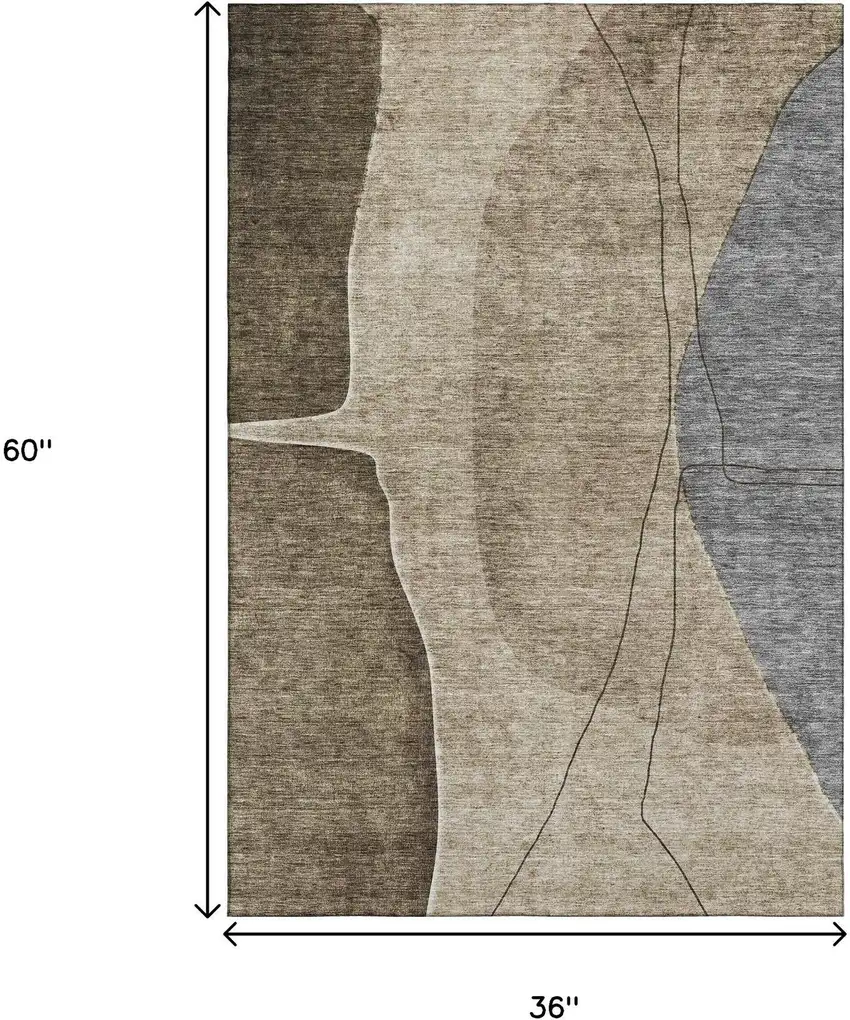 Brown Beige And Blue Abstract Washable Area Rug With UV Protection Photo 6