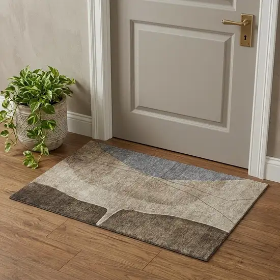 Brown Beige And Blue Abstract Washable Area Rug With UV Protection Photo 1