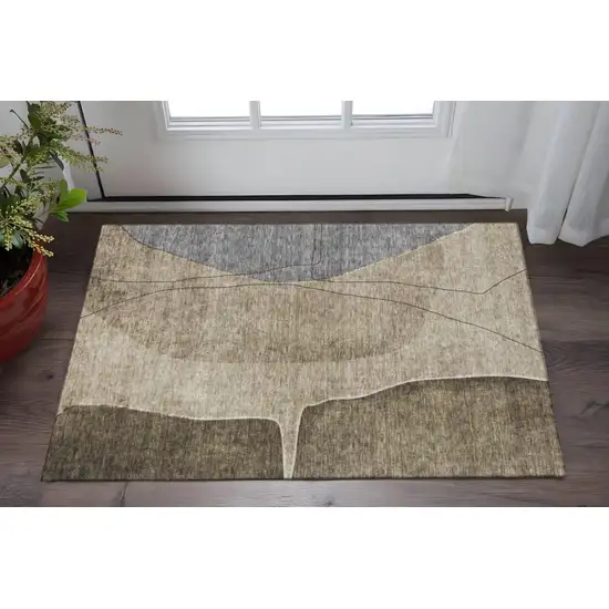 Brown Beige And Blue Abstract Washable Area Rug With UV Protection Photo 2
