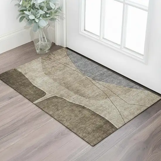 Brown Beige And Blue Abstract Washable Area Rug With UV Protection Photo 1
