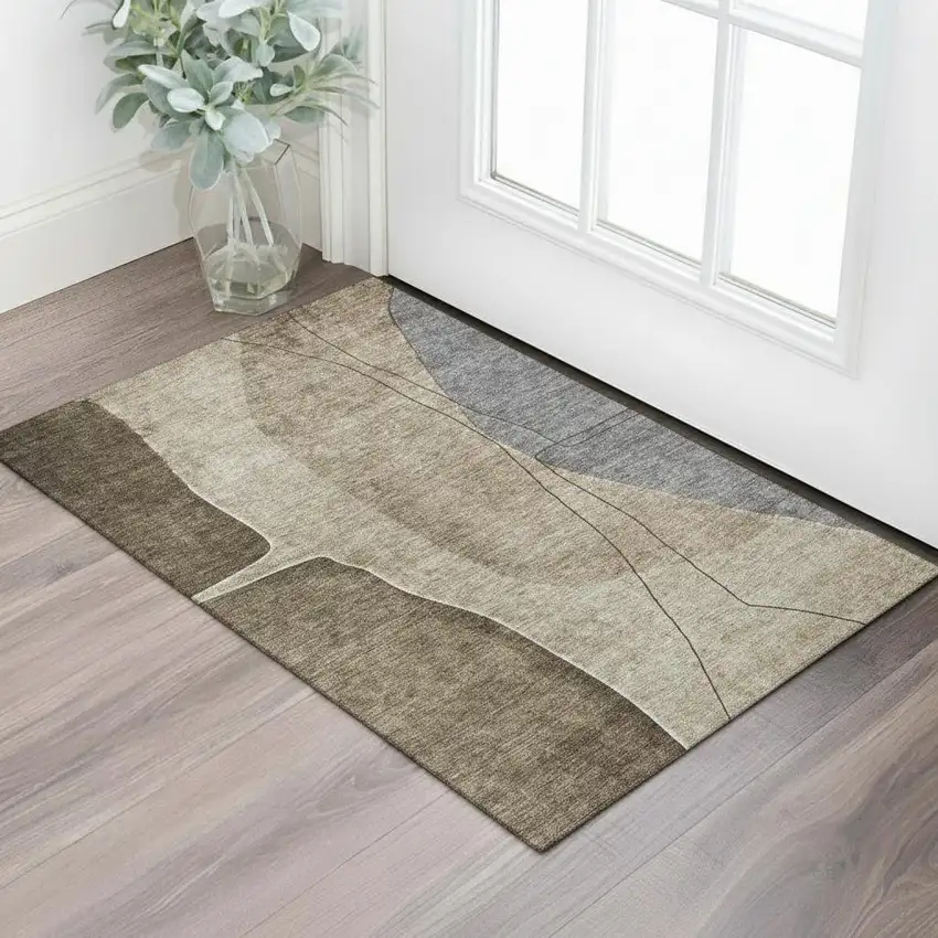 Brown Beige And Blue Abstract Washable Area Rug With UV Protection Photo 1