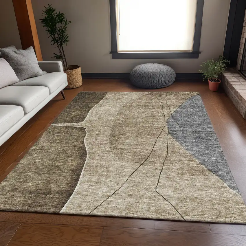 Brown Beige And Blue Abstract Washable Area Rug With UV Protection Photo 4