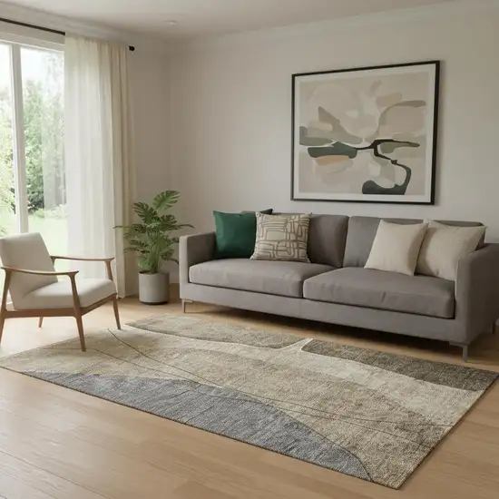 Brown Beige And Blue Abstract Washable Area Rug With UV Protection Photo 1