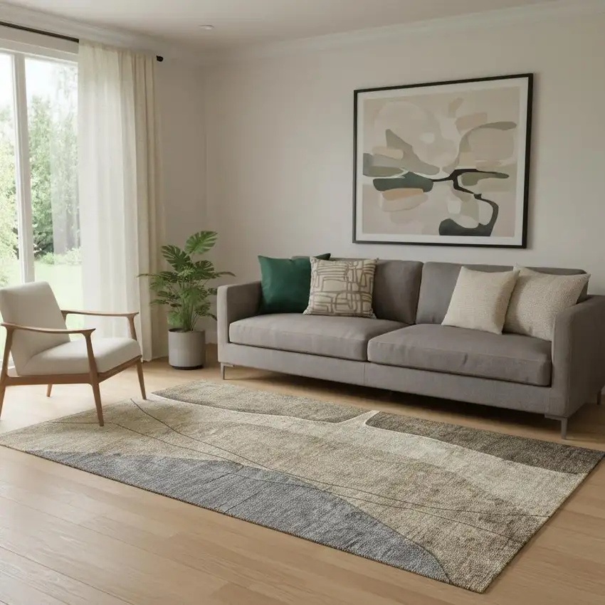 Brown Beige And Blue Abstract Washable Area Rug With UV Protection Photo 1