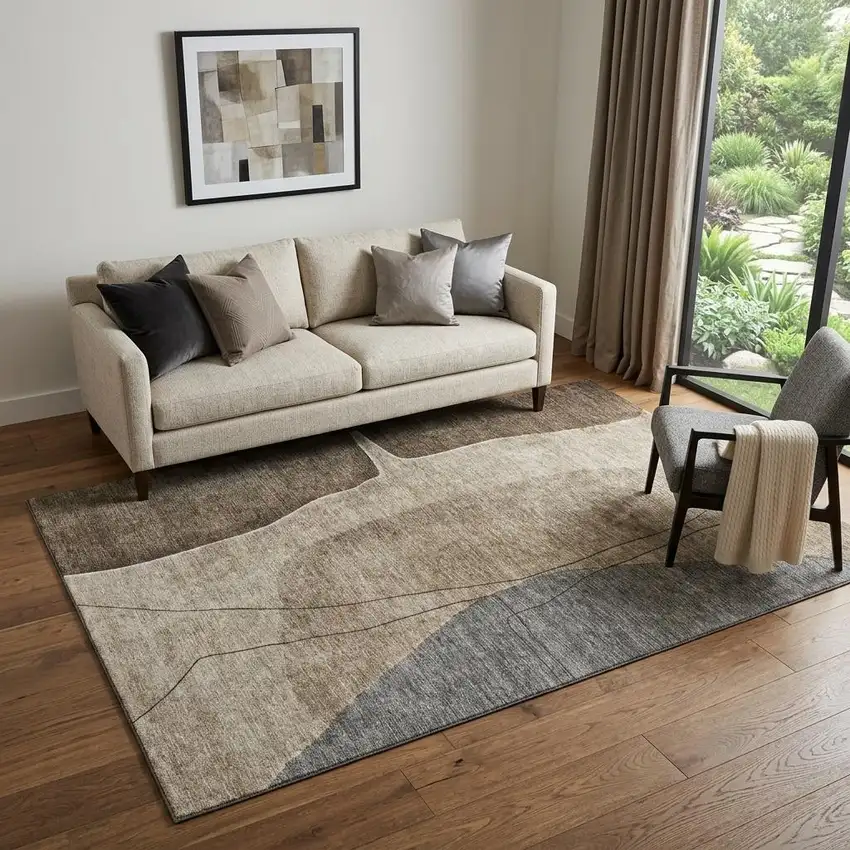 Brown Beige And Blue Abstract Washable Area Rug With UV Protection Photo 1