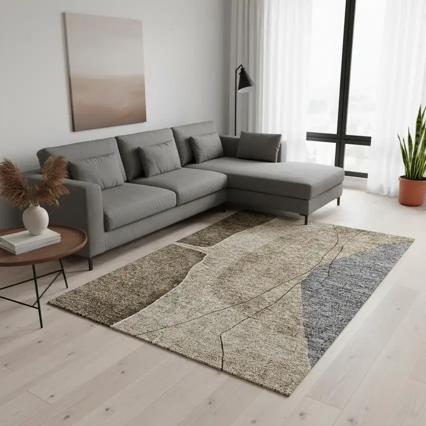 Brown Beige And Blue Abstract Washable Area Rug With UV Protection Photo 1