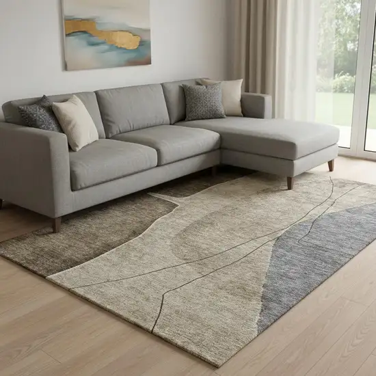 Brown Beige And Blue Abstract Washable Area Rug With UV Protection Photo 1