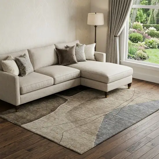 Brown Beige And Blue Abstract Washable Area Rug With UV Protection Photo 1