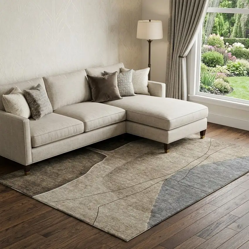 Brown Beige And Blue Abstract Washable Area Rug With UV Protection Photo 1