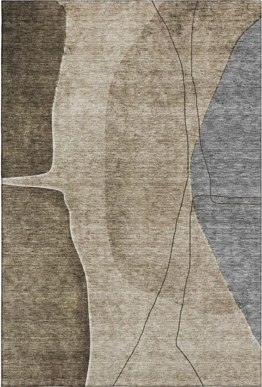 Brown Beige And Blue Abstract Washable Area Rug With UV Protection Photo 2