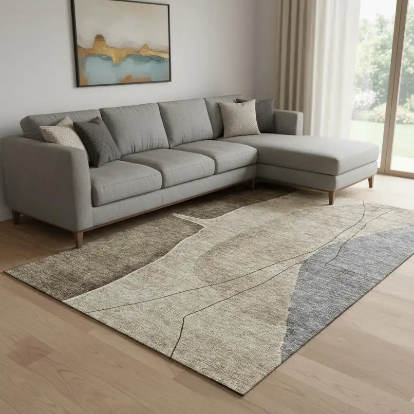 Brown Beige And Blue Abstract Washable Area Rug With UV Protection Photo 1