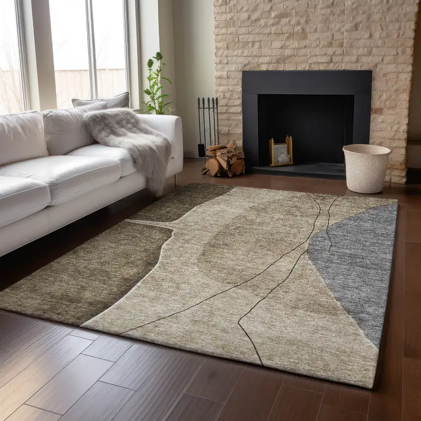 Brown Beige And Blue Abstract Washable Area Rug With UV Protection Photo 5