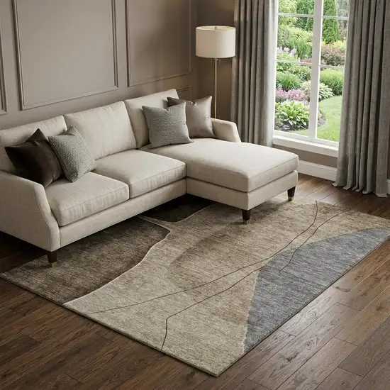 Brown Beige And Blue Abstract Washable Area Rug With UV Protection Photo 1