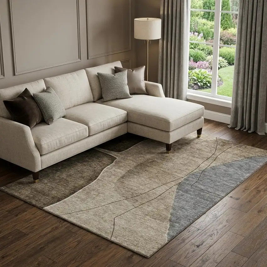 Brown Beige And Blue Abstract Washable Area Rug With UV Protection Photo 1