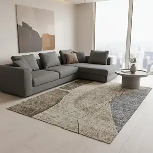 Photo of Brown Beige And Blue Abstract Washable Area Rug With UV Protection