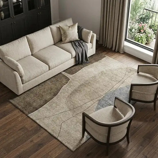 Brown Beige And Blue Abstract Washable Area Rug With UV Protection Photo 1
