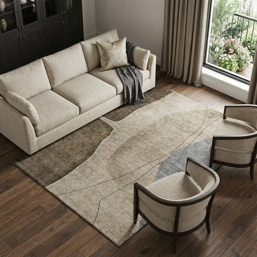 Brown Beige And Blue Abstract Washable Area Rug With UV Protection Photo 1