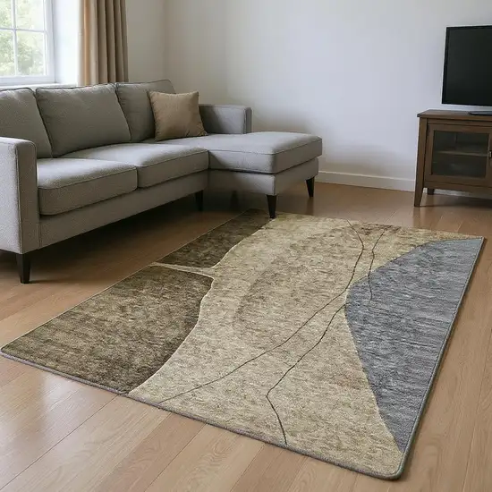 Brown Beige And Blue Abstract Washable Area Rug With UV Protection Photo 1