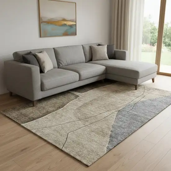 Brown Beige And Blue Abstract Washable Area Rug With UV Protection Photo 1