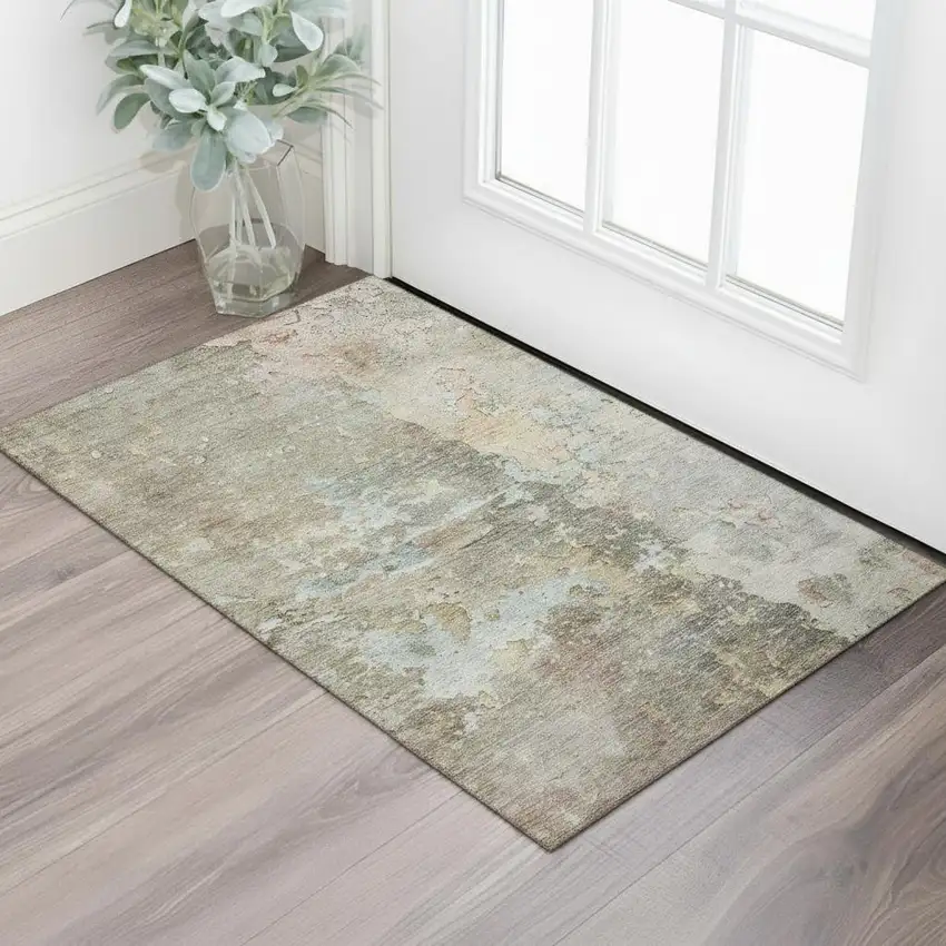 Brown Beige And Blue Abstract Washable Area Rug With UV Protection Photo 2