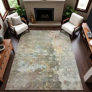 Photo of Brown Beige And Blue Abstract Washable Area Rug With UV Protection