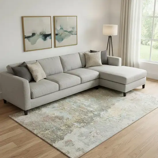 Brown Beige And Blue Abstract Washable Area Rug With UV Protection Photo 2