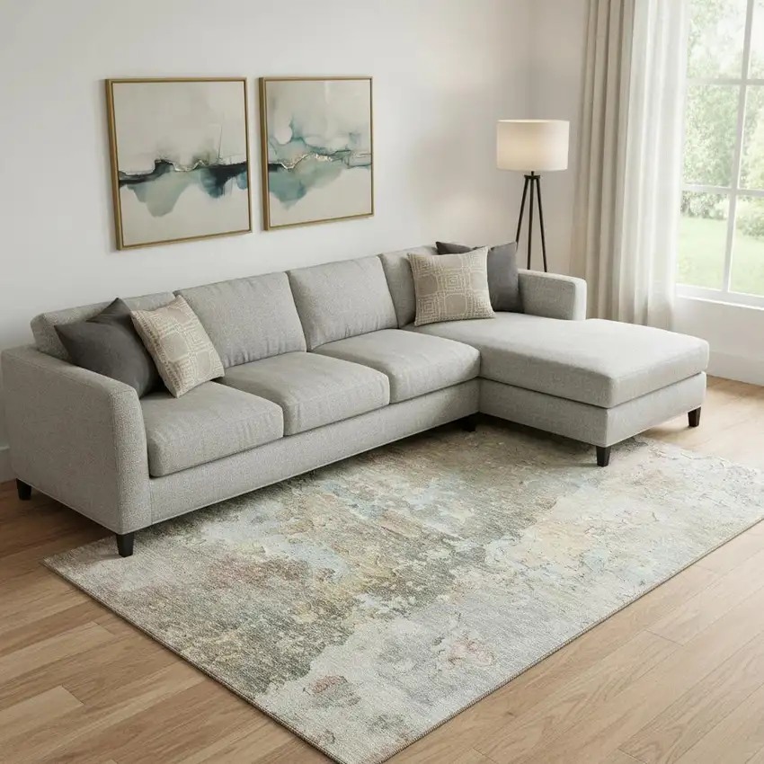 Brown Beige And Blue Abstract Washable Area Rug With UV Protection Photo 2