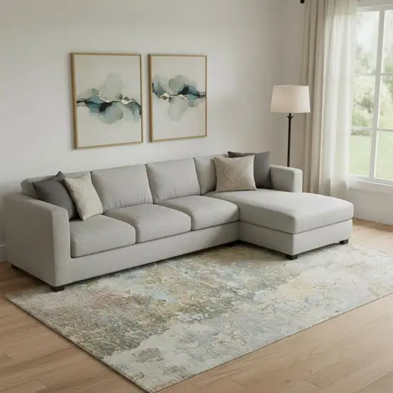 Brown Beige And Blue Abstract Washable Area Rug With UV Protection Photo 2