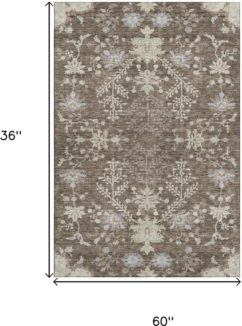 Brown Beige And Blue Floral Washable Area Rug With UV Protection Photo 3