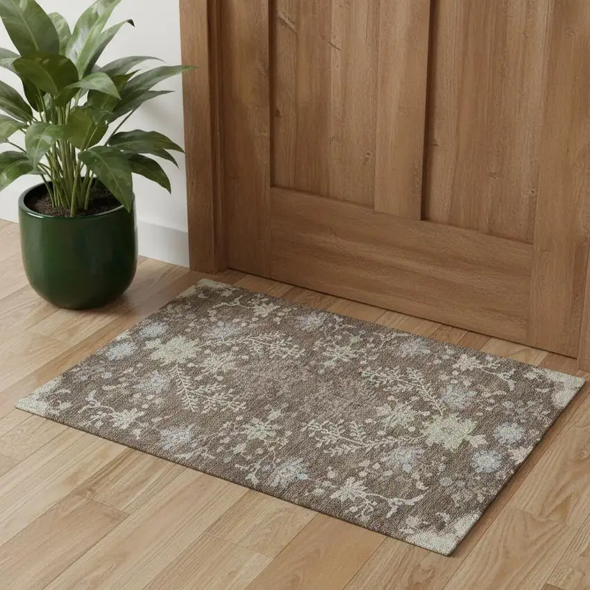 Brown Beige And Blue Floral Washable Area Rug With UV Protection Photo 1