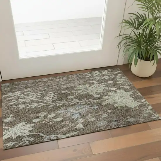 Brown Beige And Blue Floral Washable Area Rug With UV Protection Photo 2