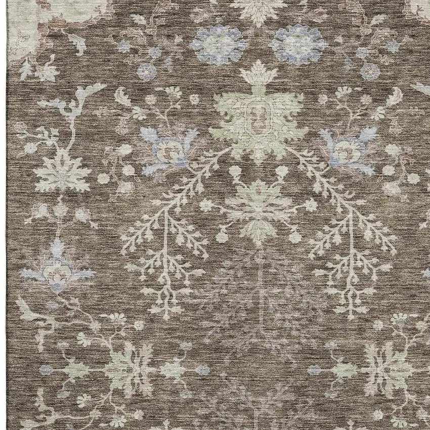 Brown Beige And Blue Floral Washable Area Rug With UV Protection Photo 5