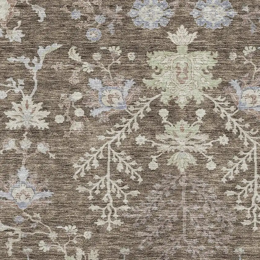 Brown Beige And Blue Floral Washable Area Rug With UV Protection Photo 4